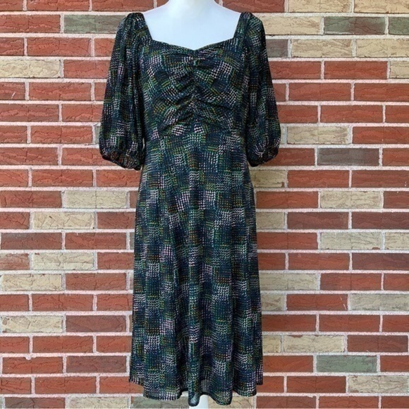 CAbi Elaine Ruched Sweetheart Smocked Back Green 1/2 Sleeve Mesh Dress